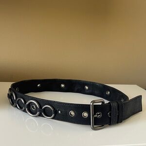 PRADA Black Leather Belt with Dark Silver Buckle and Metal Circle Accents